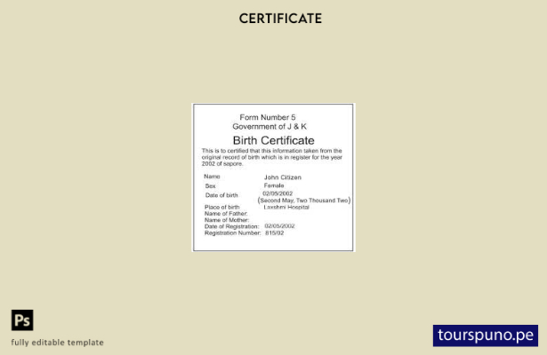 listo para imprimir Plantilla de certificado de nacimiento del Gobierno de J. & 